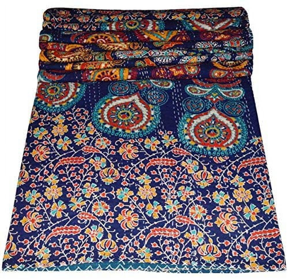 Trapunta Kantha fatta a mano con stampa floreale blu, copriletto