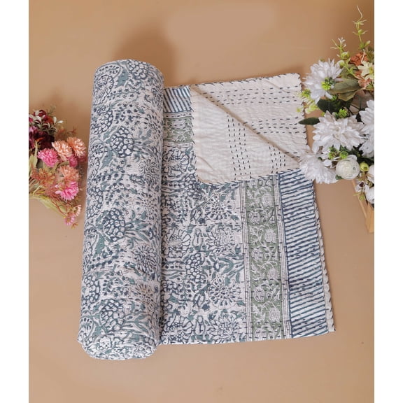 Yuvancrafts Kantha Quilt Collection Flowers Kantha Bedspreads, King - Reversible
