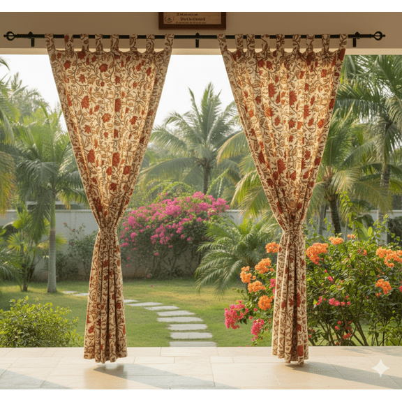 Indian Hand Block Print Pure Cotton Curtains Drape for Window Décor- 60x42 inch(LXW)(Beige)
