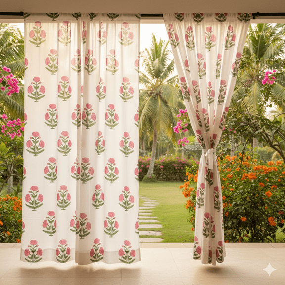 Indian Hand Block Print Pure Cotton Curtains Drape for Window Décor- 60x42 inch(LXW)(White)