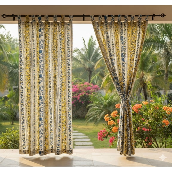 Indian Hand Block Print Pure Cotton Curtains Drape for Window Décor- 84x44 inch(LXW)(Beige)