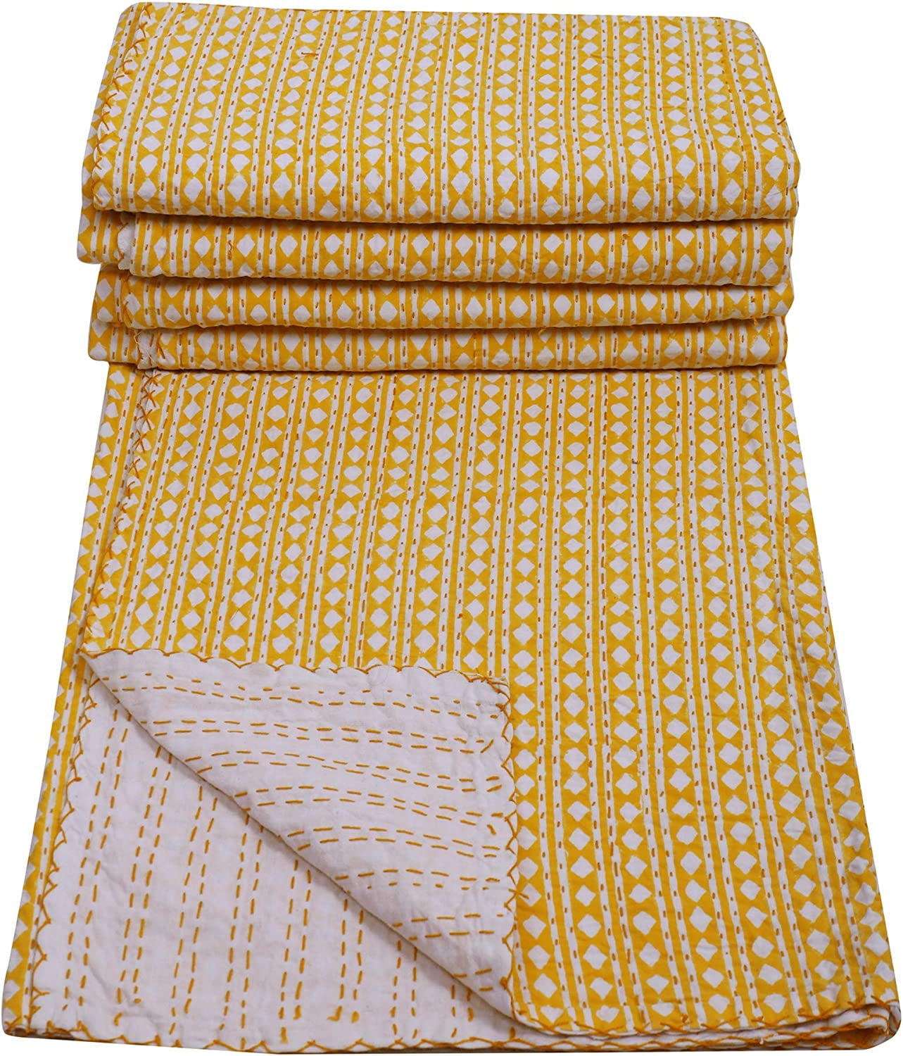 Indian Hand Block Print Yellow King Queen Twin Size Kantha Quilt Cotton