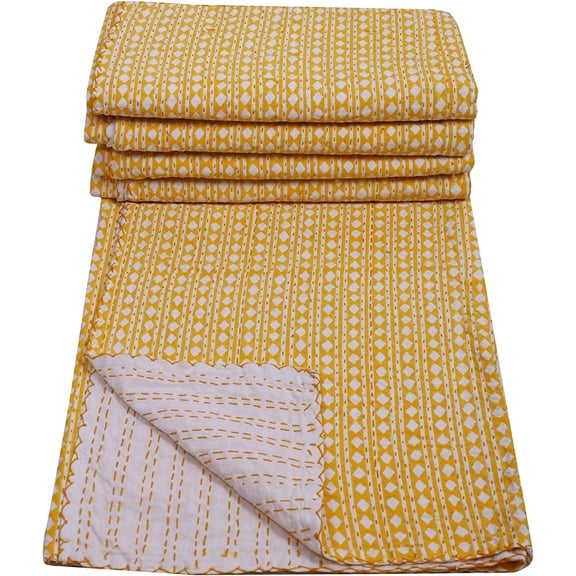 Boho Yellow Hand Block Print Cotton Kantha Quilt, King, Queen, Twin Size - Throw, Bedspread