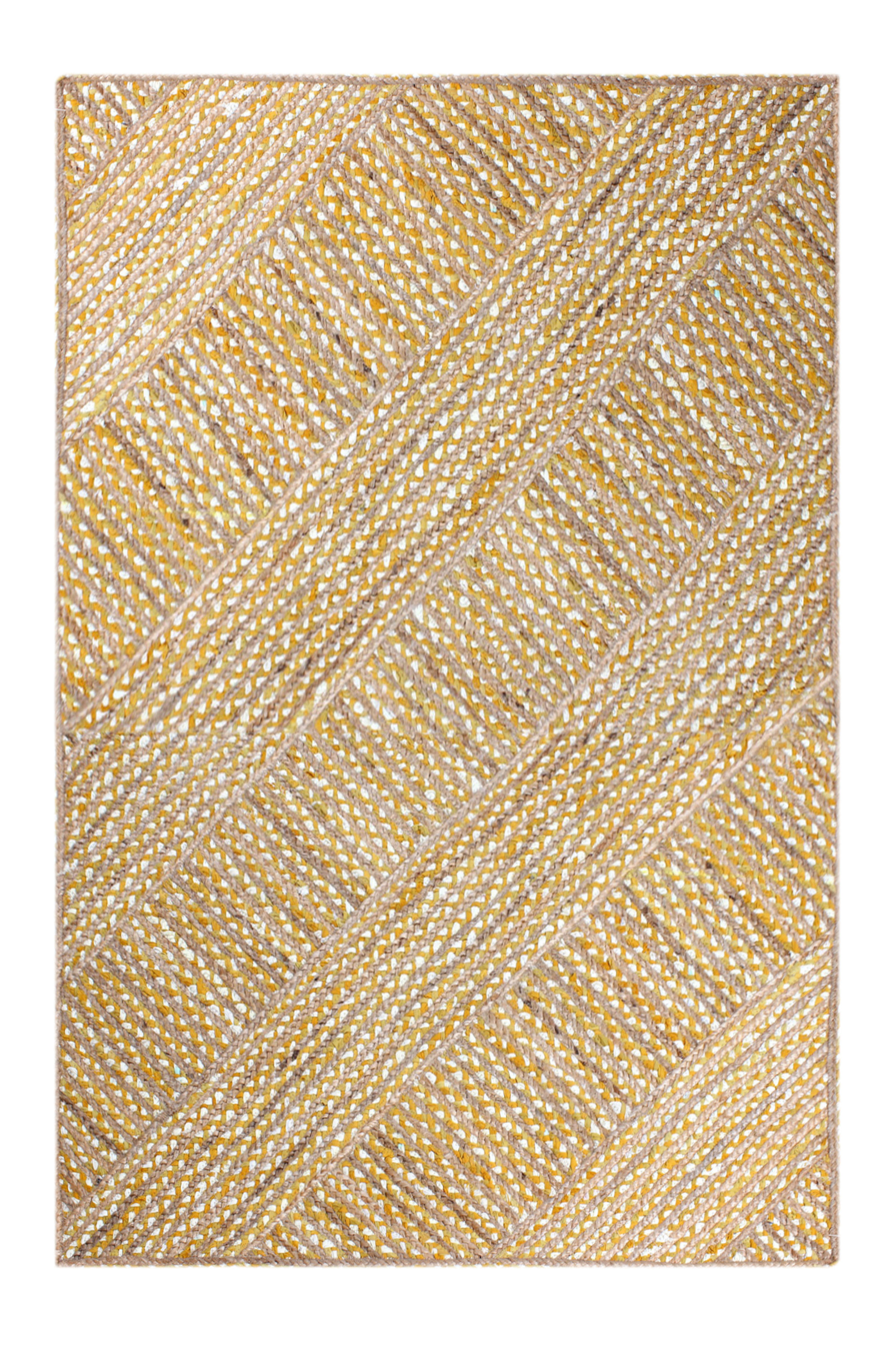 Indian Hand Woven Square Jute Rug Geometric Yellow Living Room Floor