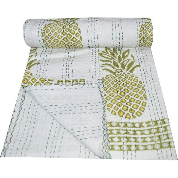 Indian Hand Hand Block Pineapple Print Yellow Kantha Quilt Throw Cotton Bedding Bedspread Gudari Single Quilt (90x60 Inch), Yellow