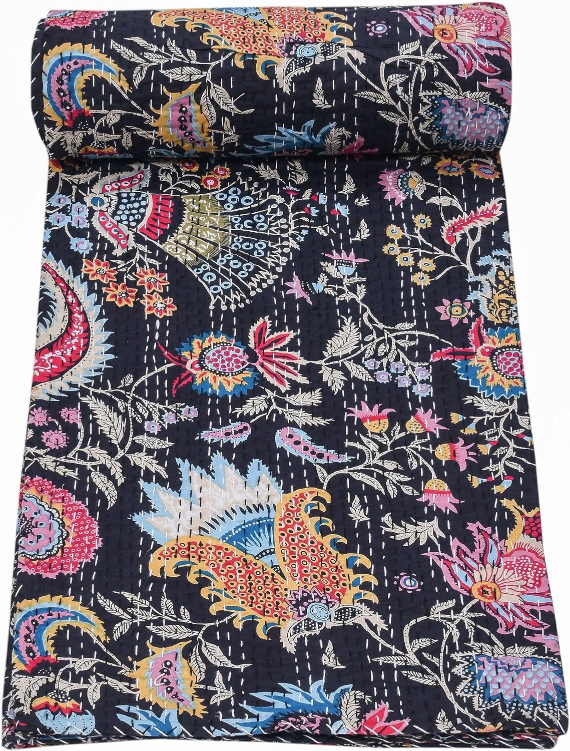 King/Twin Size Handgemaakte Bloemen Kantha Quilt Nieuwe Bloemen Gedrukt Kantha Sprei Boho Beddengoed Queen Size Home Decor Kantha Bed Cover Bohemian Beddengoed (Geel, California King 108 * 108