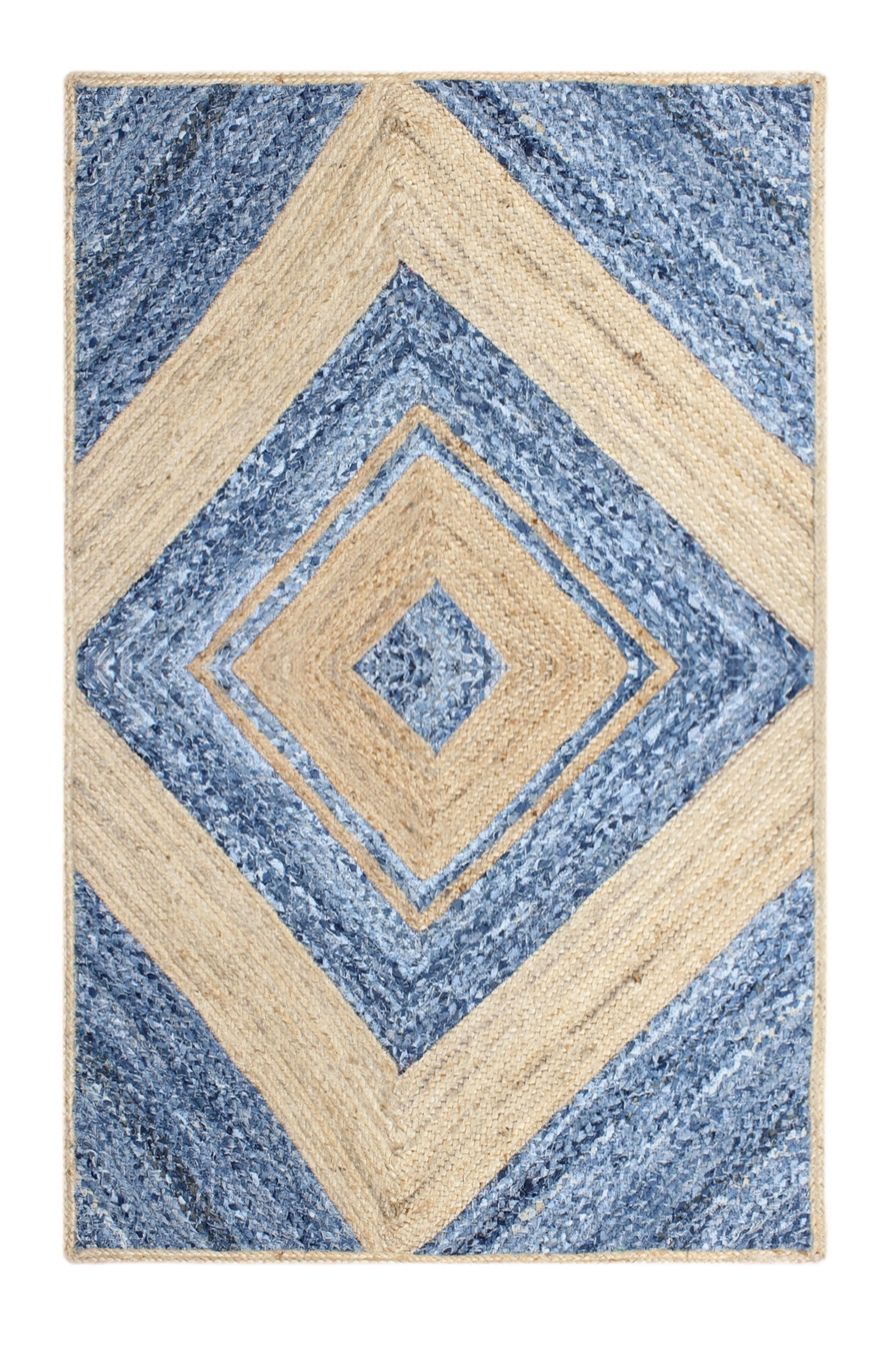 Indian Hand Woven Blue Jute Chindi Cotton Area rug Blue Square Living