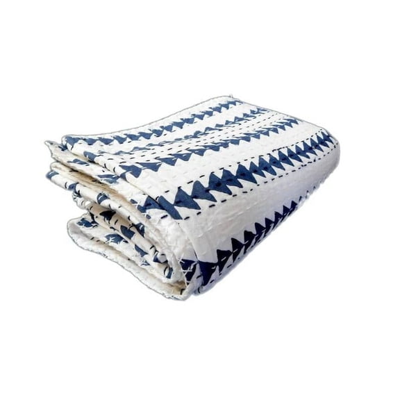 Indian HandBlock Print Bedding Bedspread Quilt Hand Stitched Kantha Quilt Blue Indigo Triangle quilt Blue and white Kantha A And E Textiles House