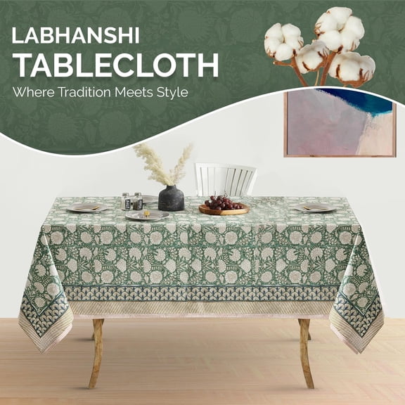 Indian Handblock Print Pre-Washed Cotton Floral Table Cloth | Reusable Rectangle 72x108 Inch 8-Seater Dining Tablecloth | Spring Easter St. Patrick Festive Decorative Table Cover | Moss Green