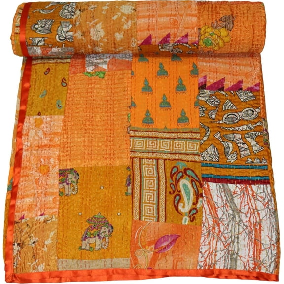 Indian Handcrafted Silk Patola Kantha Quilt – Reversible, Lightweight Throw Blanket with Traditional Double Ikat Weave and Embroidery Size - ( Single 60" x 90" )