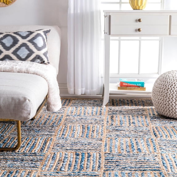 Indian Handloom Handmade hand Braided natural Jute and Denim Floor Area Rug, Floor Carpet Rugs, Yoga Mat Runner Rug