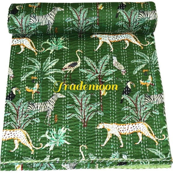 Indian Handmade Animal Print Cotton kantha Quilt, Village art gudri,Hand Stitch Quilt ,Bedspread, Blanket (Queen Size - 90" x 108")