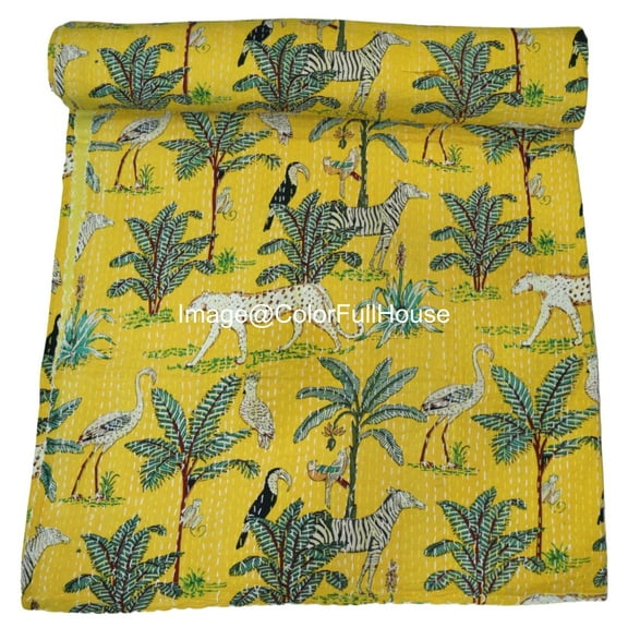 Indian Handmade Animal Print Cotton kantha Quilt, Village art gudri,Hand Stitch Quilt ,Bedspread, Blanket Size ( Double 90" x 108")