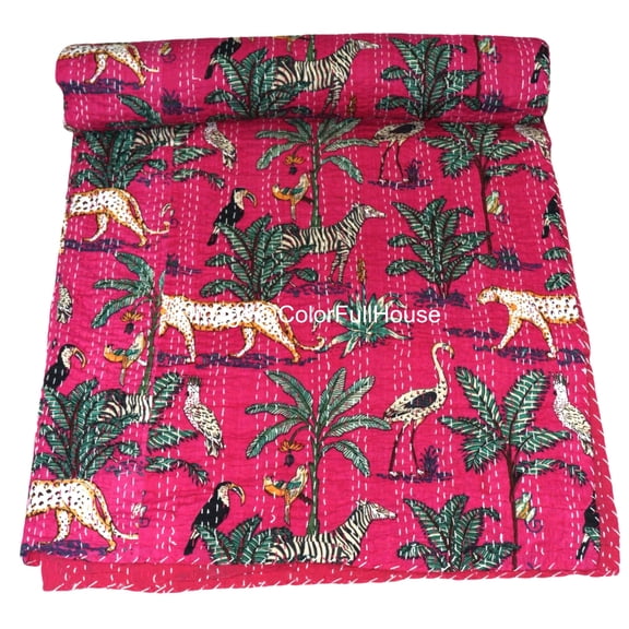 Indian Handmade Animal Print Cotton kantha Quilt, Village art gudri,Hand Stitch Quilt ,Bedspread, Blanket Size ( Double 90" x 108")