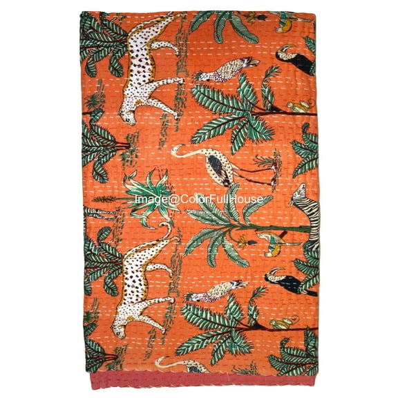Indian Handmade Animal Print Cotton kantha Quilt, Village art gudri,Hand Stitch Quilt ,Bedspread, Blanket Size ( Double 90" x 108")