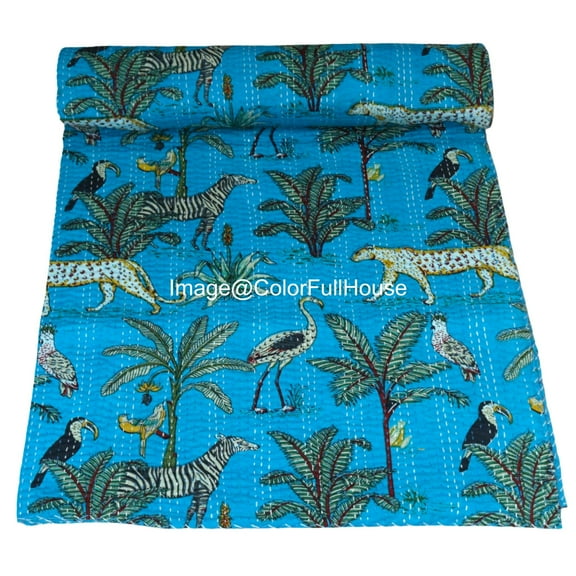 Indian Handmade Animal Print Cotton kantha Quilt, Village art gudri,Hand Stitch Quilt ,Bedspread, Blanket Size ( Double 90" x 108")