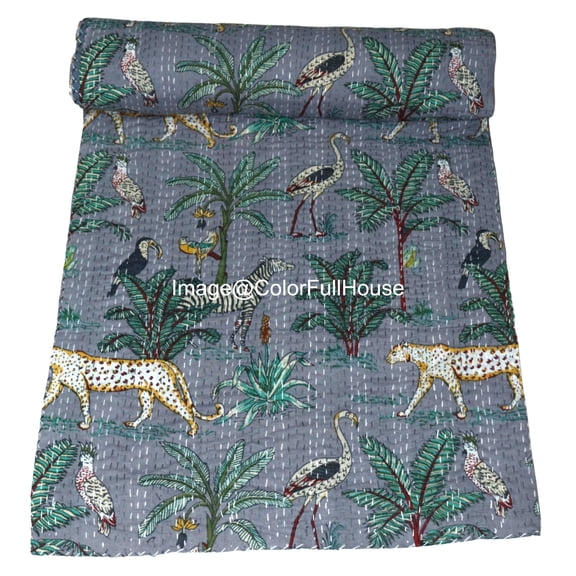 Indian Handmade Animal Print Cotton kantha Quilt, Village art gudri,Hand Stitch Quilt ,Bedspread, Blanket Size ( Double 90" x 108")