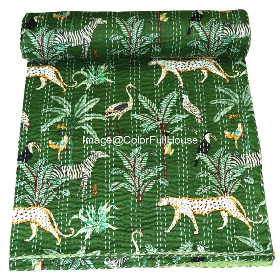 Indian Handmade Animal Print Cotton kantha Quilt, Village art gudri,Hand Stitch Quilt ,Bedspread, Blanket Size ( Double 90" x 108")
