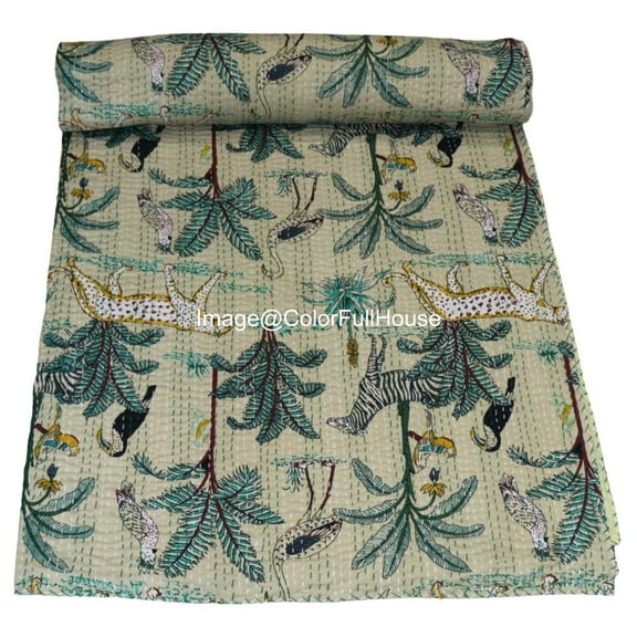 Indian Handmade Animal Print Cotton kantha Quilt, Village art gudri,Hand Stitch Quilt ,Bedspread, Blanket Size ( King 108" x 108" )