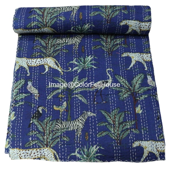 Indian Handmade Animal Print Cotton kantha Quilt, Village art gudri,Hand Stitch Quilt ,Bedspread, Blanket Size ( King 108" x 108" )