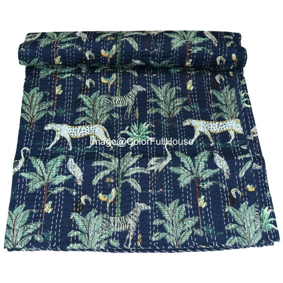 Indian Handmade Animal Print Cotton kantha Quilt, Village art gudri,Hand Stitch Quilt ,Bedspread, Blanket Size ( King 108" x 108" )