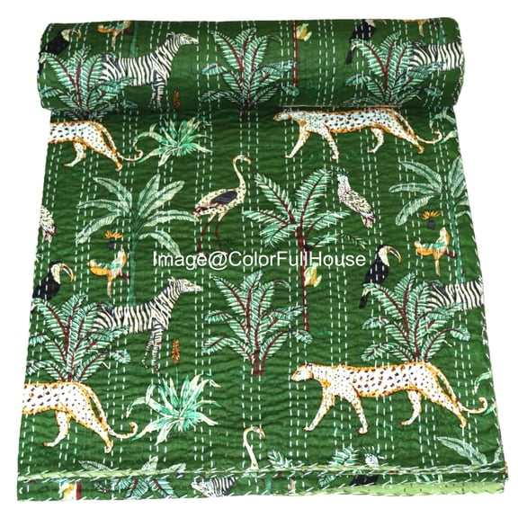 Indian Handmade Animal Print Cotton kantha Quilt, Village art gudri,Hand Stitch Quilt ,Bedspread, Blanket Size ( King 108" x 108" )