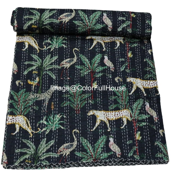 Indian Handmade Animal Print Cotton kantha Quilt, Village art gudri,Hand Stitch Quilt ,Bedspread, Blanket Size ( King 108" x 108" )