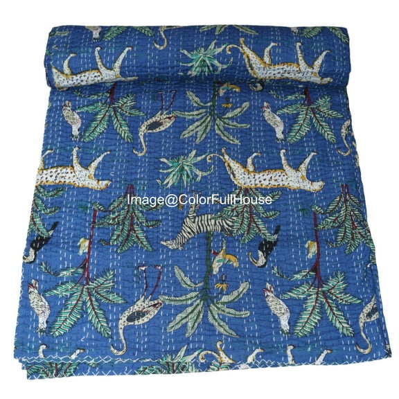 Indian Handmade Animal Print Cotton kantha Quilt, Village art gudri,Hand Stitch Quilt ,Bedspread, Blanket Size ( Single 60" x 90" )