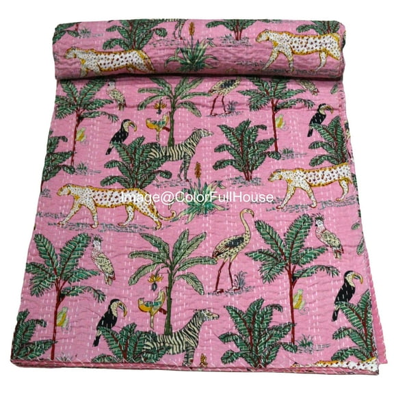 Indian Handmade Animal Print Cotton kantha Quilt, Village art gudri,Hand Stitch Quilt ,Bedspread, Blanket Size ( Single 60" x 90" )