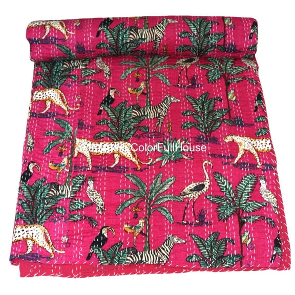 Indian Handmade Animal Print Cotton kantha Quilt, Village art gudri,Hand Stitch Quilt ,Bedspread, Blanket Size ( Single 60" x 90" )