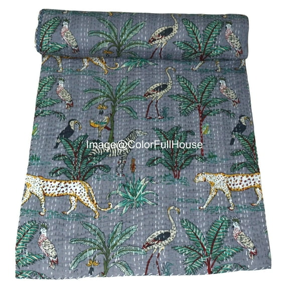 Indian Handmade Animal Print Cotton kantha Quilt, Village art gudri,Hand Stitch Quilt ,Bedspread, Blanket Size ( Single 60" x 90" )