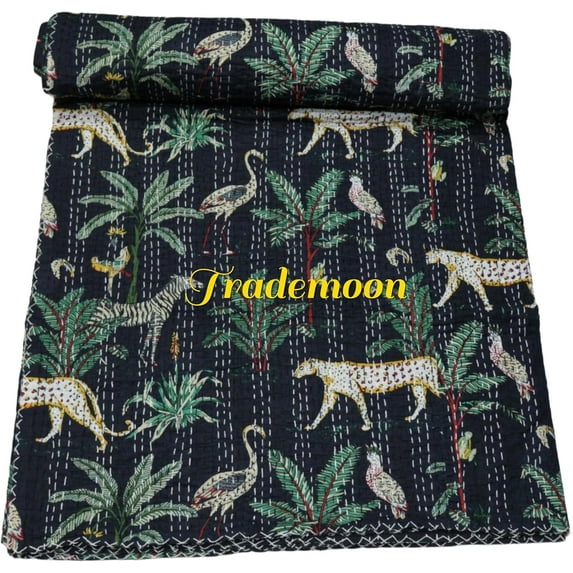 Indian Handmade Animal Print Cotton kantha Quilt, Village art gudri,Hand Stitch Quilt ,Bedspread, Blanket Size ( Single 60" x 90" )