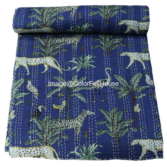 Indian Handmade Animal Print Cotton kantha Quilt, Village art gudri,Hand Stitch Quilt ,Bedspread, Blanket Size ( Single 60" x 90" )