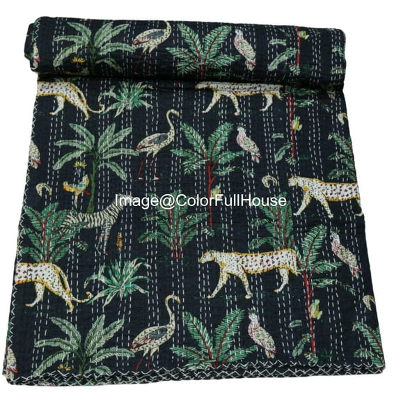 Indian Handmade Animal Print Cotton kantha Quilt, Village art gudri,Hand Stitch Quilt ,Bedspread, Blanket Size ( Single 60" x 90" )