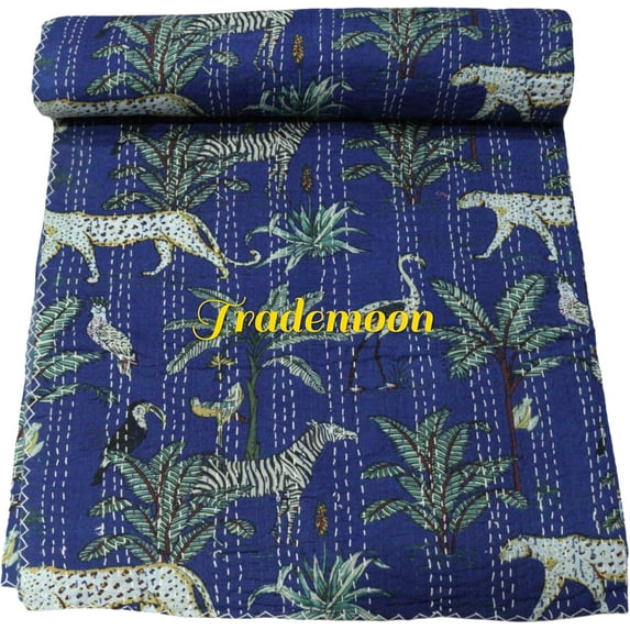 Indian Handmade Animal Print Cotton kantha Quilt, Village art gudri,Hand Stitch Quilt ,Bedspread, Blanket (Twin Size - 60" x 90")