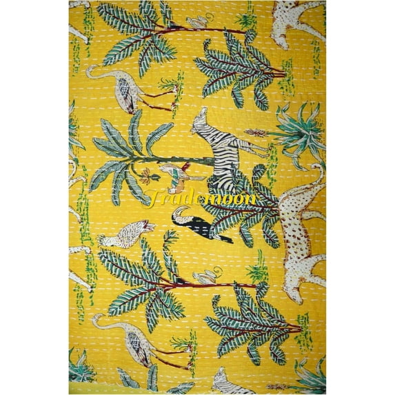 Indian Handmade Animal Print Cotton kantha Quilt, Village art gudri,Hand Stitch Quilt ,Bedspread, Blanket (Twin Size - 60" x 90")