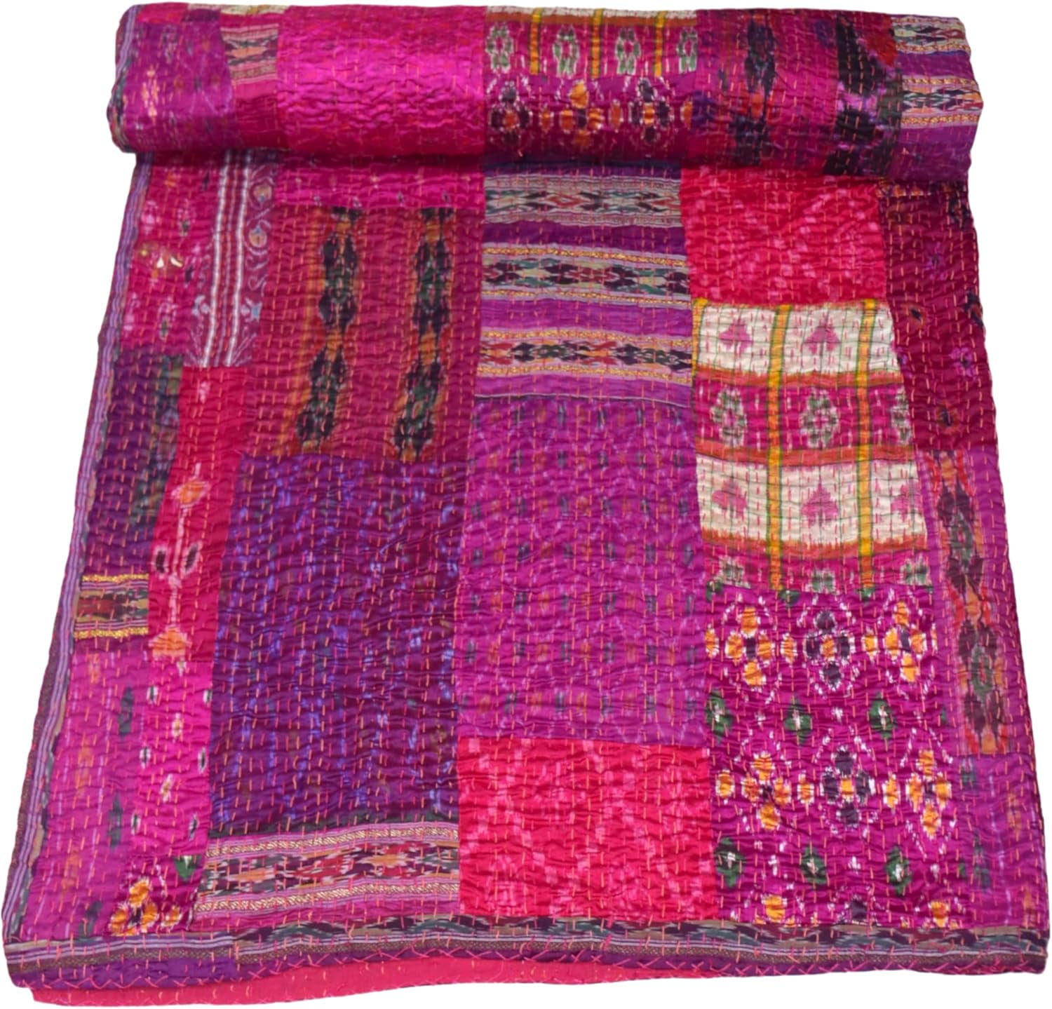 Indian Handmade Beautiful Cotton Kantha Quilt , Bedsheet , Throw Blanket Size (Twin Size - 60" x 90")