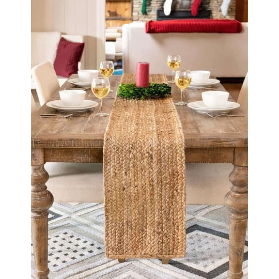 Indian Handmade Beige Jute Table Runner Rug – 13 x 90 – Indian Handwoven Dining Table Décor, Kitchen, Coffee Table – Bohemian Farmhouse Decor