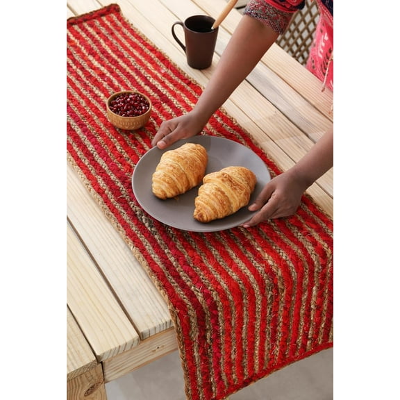 Indian Handmade Beige & Red Jute Table Runner Rug – 14 x 60 – Indian Handwoven Dining Table Décor, Kitchen, Coffee Table – Bohemian Farmhouse Decor