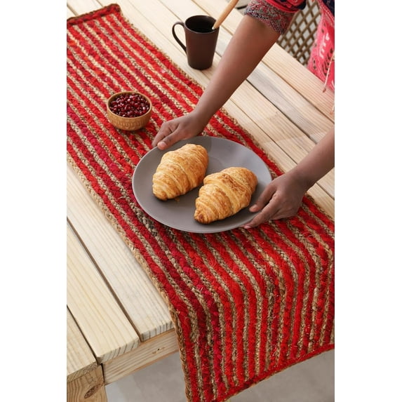 Indian Handmade Beige & Red Jute Table Runner Rug – 14 x 84 – Indian Handwoven Dining Table Décor, Kitchen, Coffee Table – Bohemian Farmhouse Decor