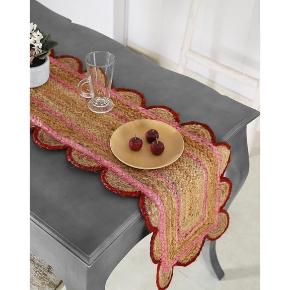 Indian Handmade Beige & Red with Pink Jute Table Runner Rug – 13 x 72 – Indian Handwoven Dining Table Décor, Kitchen, Coffee Table – Bohemian Farmhouse Decor
