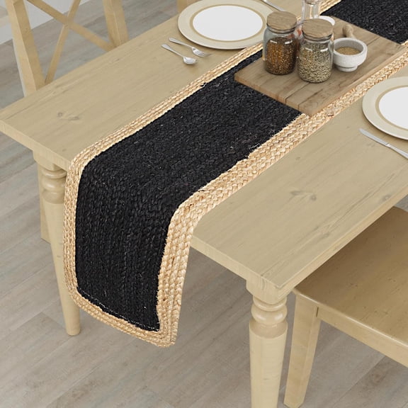 Indian Handmade Black with Beige Jute Table Runner Rug – 14 x 144 – Indian Handwoven Dining Table Décor, Kitchen, Coffee Table – Bohemian Farmhouse Decor