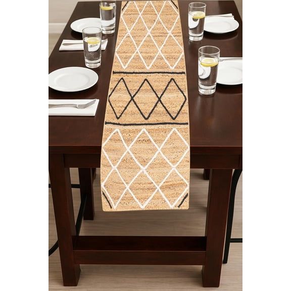 Indian Handmade Black & White with Beige Diamond Jute Table Runner Rug – 13 x 72 – Indian Handwoven Dining Table Décor, Kitchen, Coffee Table – Bohemian Farmhouse Decor