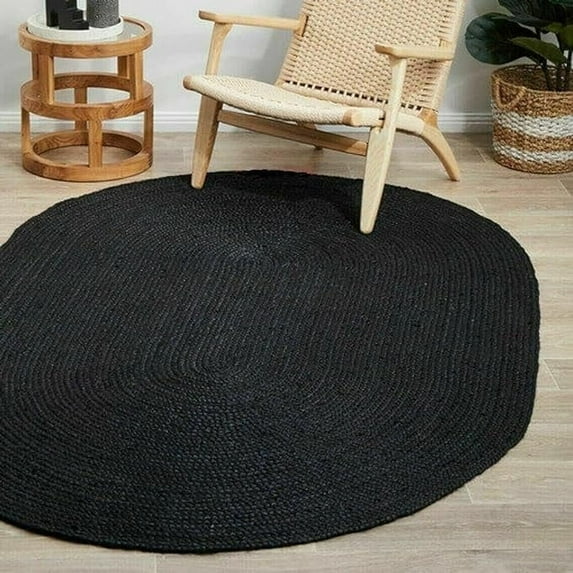 Indian Handmade Braided Black Natural Jute Area Rug, Home Décor Rug, Jute Rug for Bedroom, Dining Room, living room, Doormat Rug Size - 6' x 9' Oval (180 cm x 270 cm)