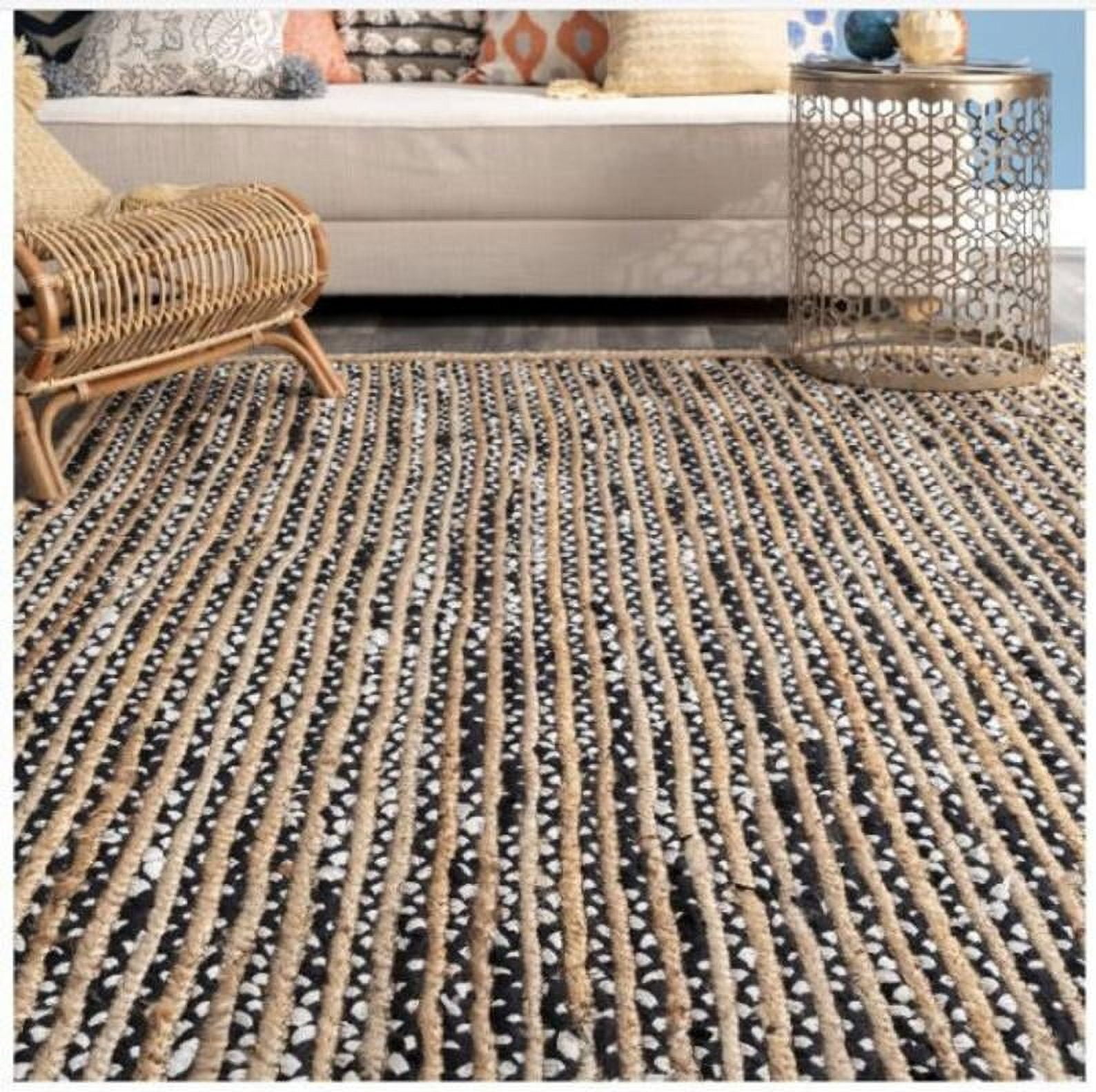 Indian Handmade Braided Black & White Cotton with Natural Jute Area Rugs , Floor Decor Carpet Size 4 x 6 Feet ( 120 cm x 180 cm )