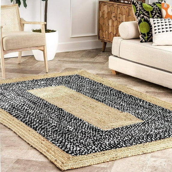 Indian Handmade Braided Black & White Cotton with Natural Jute Area Rugs , Home Decor Rugs Size 4 x 4 Feet Square ( 120 cm x 120 cm )