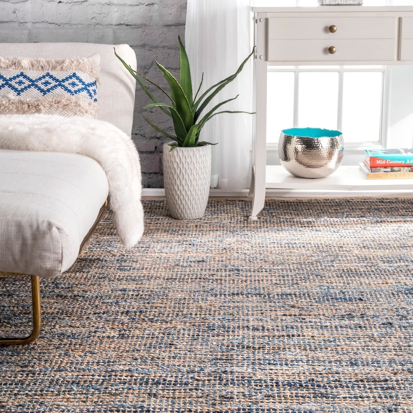 Indian Handmade Braided Blue Color Cotton , Denim with Natural Jute Area Rugs , Floor Decor Carpet Size 4 x 7 Feet ( 120 cm x 210 cm )