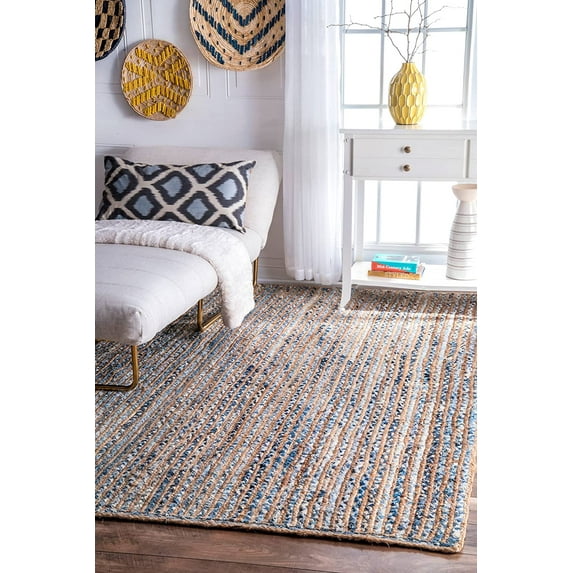 Indian Handmade Braided Blue Color Cotton , Denim with Natural Jute Area Rugs , Floor Decor Carpet Size 5 x 8 Feet ( 150 cm x 240 cm )