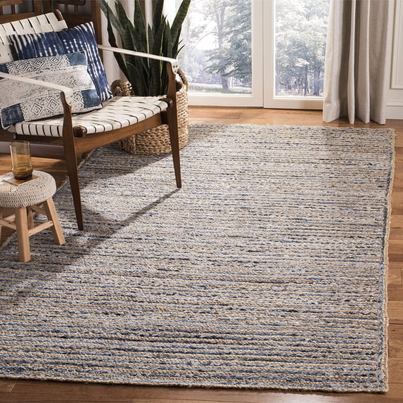 Indian Handmade Braided Blue Color Cotton , Denim with Natural Jute Area Rugs , Floor Decor Carpet Size 8 x 8 Feet Square ( 240 cm x 240 cm )