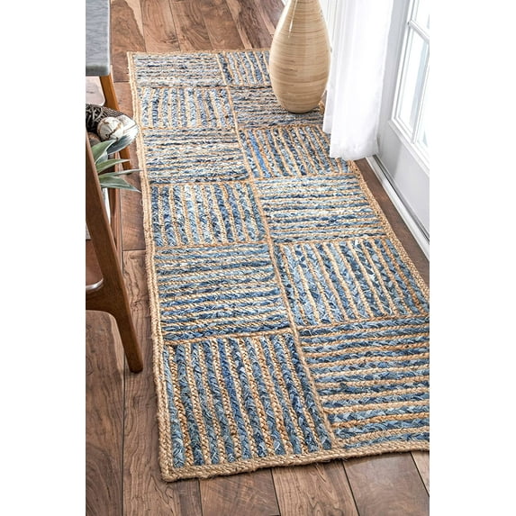 Indian Handmade Braided Blue Color Cotton , Denim with Natural Jute Area Rugs , Home Decor Carpet Size 2.6 x 8 Feet ( 75 cm x 240 cm )